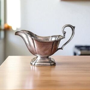 VTG Silver Plated Fluted Gravy Bowl Square Pedestal Base Ornate Scroll Handle